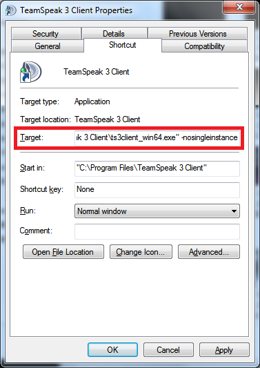 Use the Teamspeak 3 properties to add -nosignleinstance to the Shortcut Target to allow you to start two ore more teamspeak 3 clients at the same time.