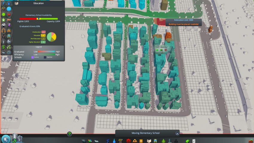 Education is important in Cities Skylines. This residential block is too far away from an elementary school.